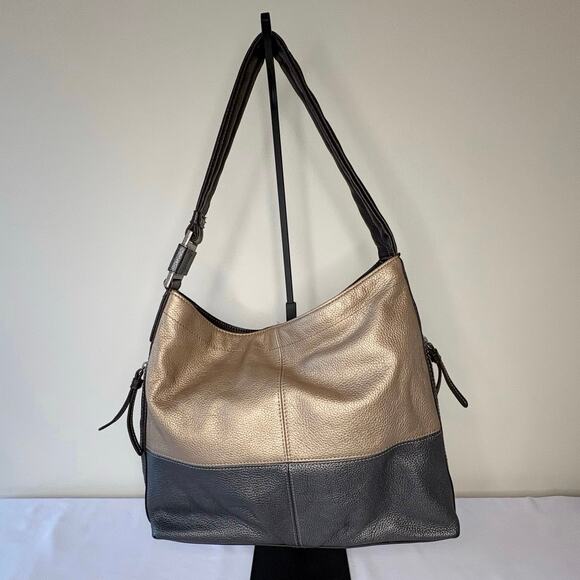 Tignanello Pebble Leather Shoulder Bag | Brown, Silver & Gold Color Block | EUC - Picture 2 of 13
